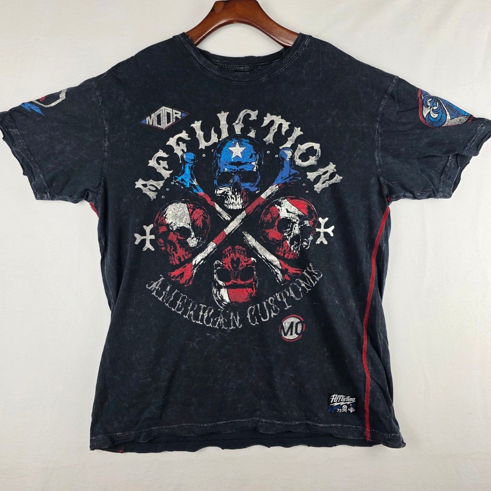Affliction American Customs Skulls Graphic T-Shirt Mens XL Black Mineral Wash